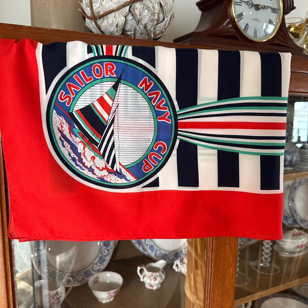 VTG Womens Sailor Navy Cup Nautical Scarf Red White Navy Blue Striped Sailboat